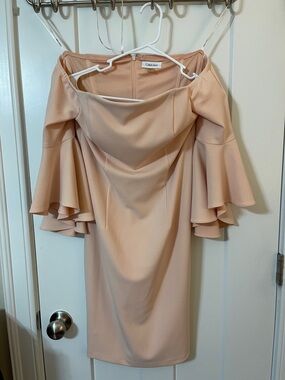 Calvin Klein Blush Pink Off-Shoulder Ruffle Sleeve Midi Dress